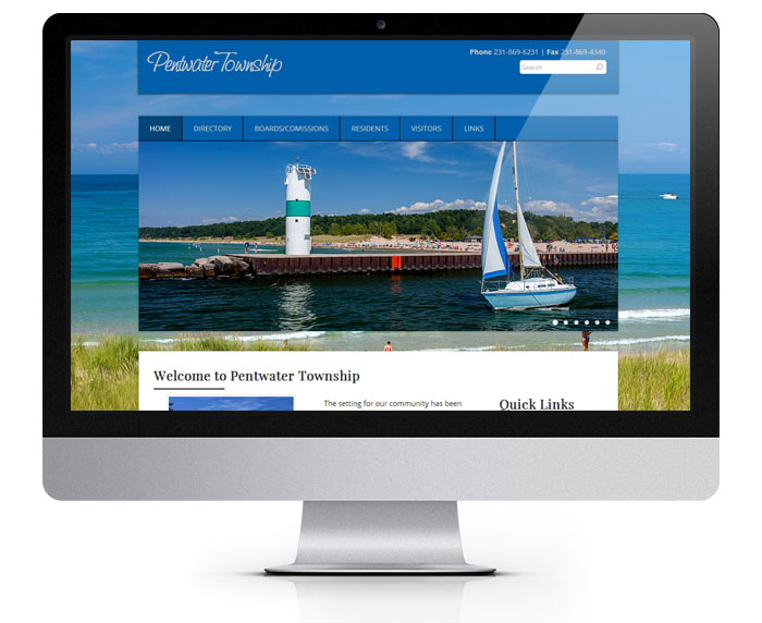 Pentwater Website home page with sailboat in channel