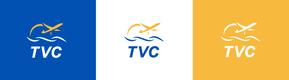 three examples of the TVC logo with plane icon and waves underneath
